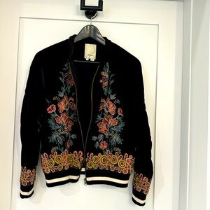 Anthropologie Elevenses black velvet bomber, bead & embroidery detail, XS